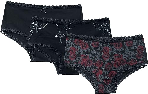 Rock Rebel by EMP Damen 3er Set Schwarze Pantys mit Print S von Rock Rebel by EMP