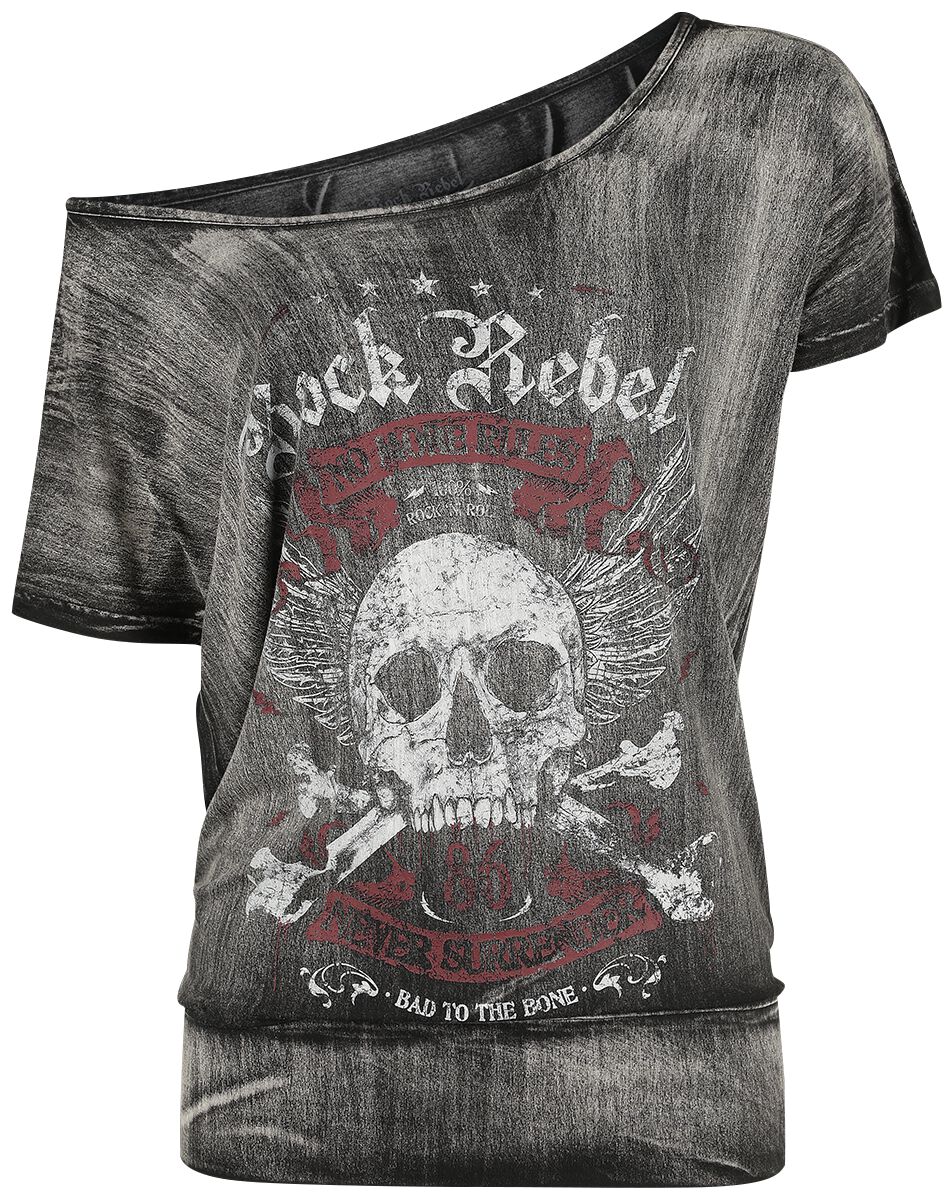 Rock Rebel by EMP Dunkelgraues T-Shirt mit weitem Ausschnitt und Print T-Shirt dunkelgrau in M von Rock Rebel by EMP