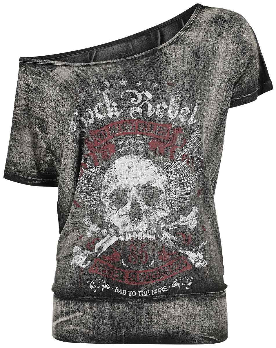 Rock Rebel by EMP Dunkelgraues T-Shirt mit weitem Ausschnitt und Print T-Shirt dunkelgrau in XXL von Rock Rebel by EMP