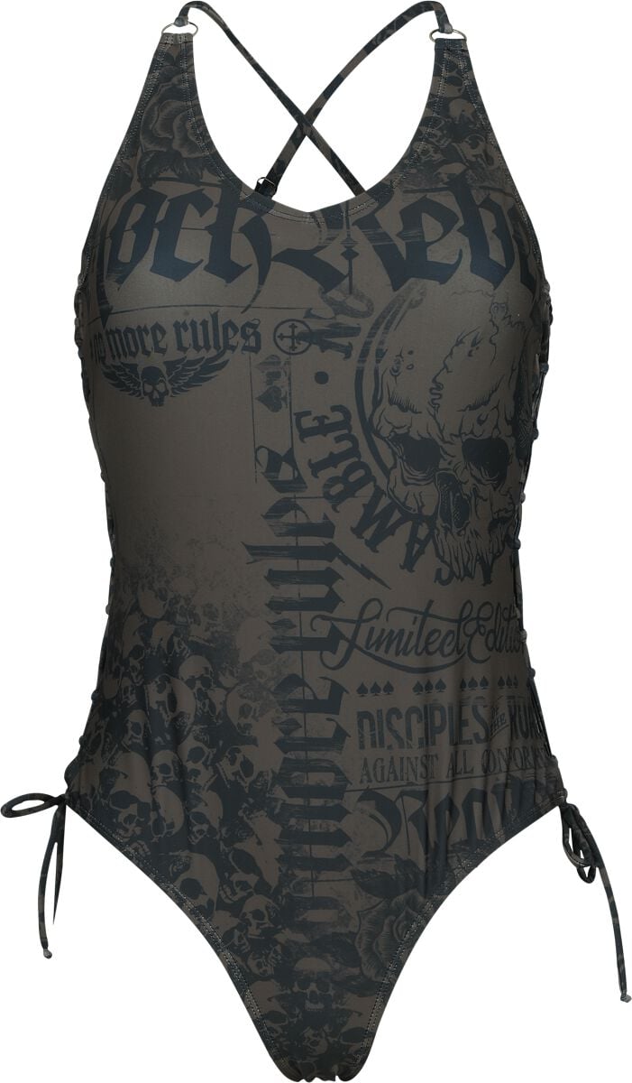 Rock Rebel by EMP - Rock Badeanzug - Swimsuit with Skulls and Lacing - S bis L - für Damen - Größe L - schwarz von Rock Rebel by EMP