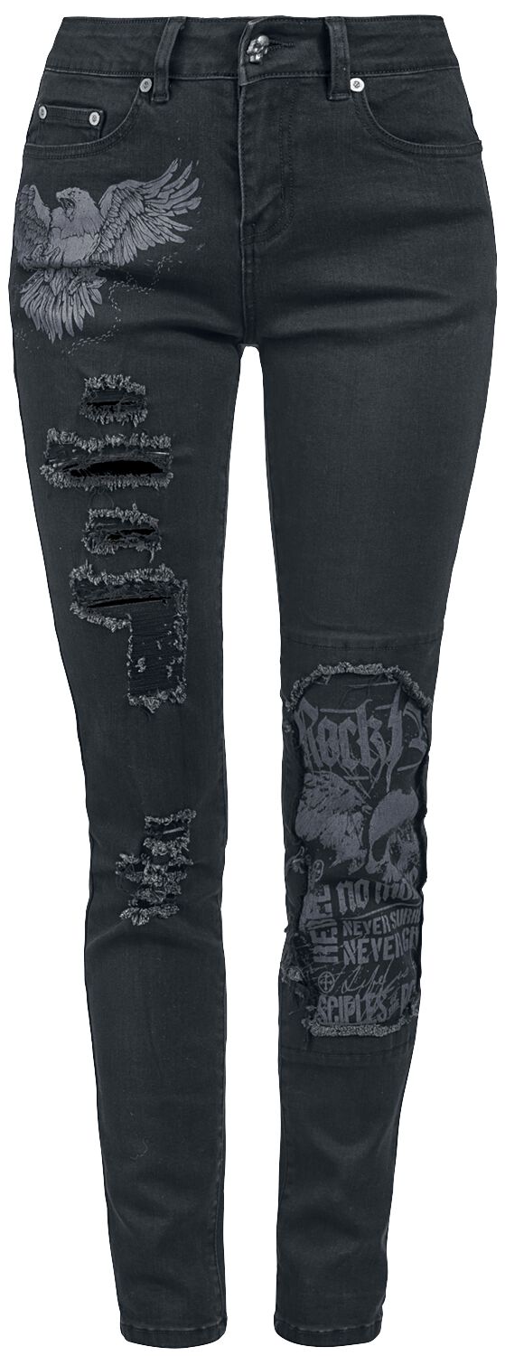 Rock Rebel by EMP - Rock Jeans - Skarlett - Jeans mit Prints und Rissen - W26L32 bis W31L34 - für Damen - Größe W28L30 - schwarz von Rock Rebel by EMP