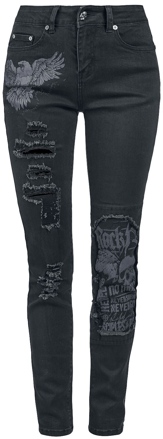 Rock Rebel by EMP - Rock Jeans - Skarlett - Jeans mit Prints und Rissen - W26L32 bis W31L34 - für Damen - Größe W29L34 - schwarz von Rock Rebel by EMP