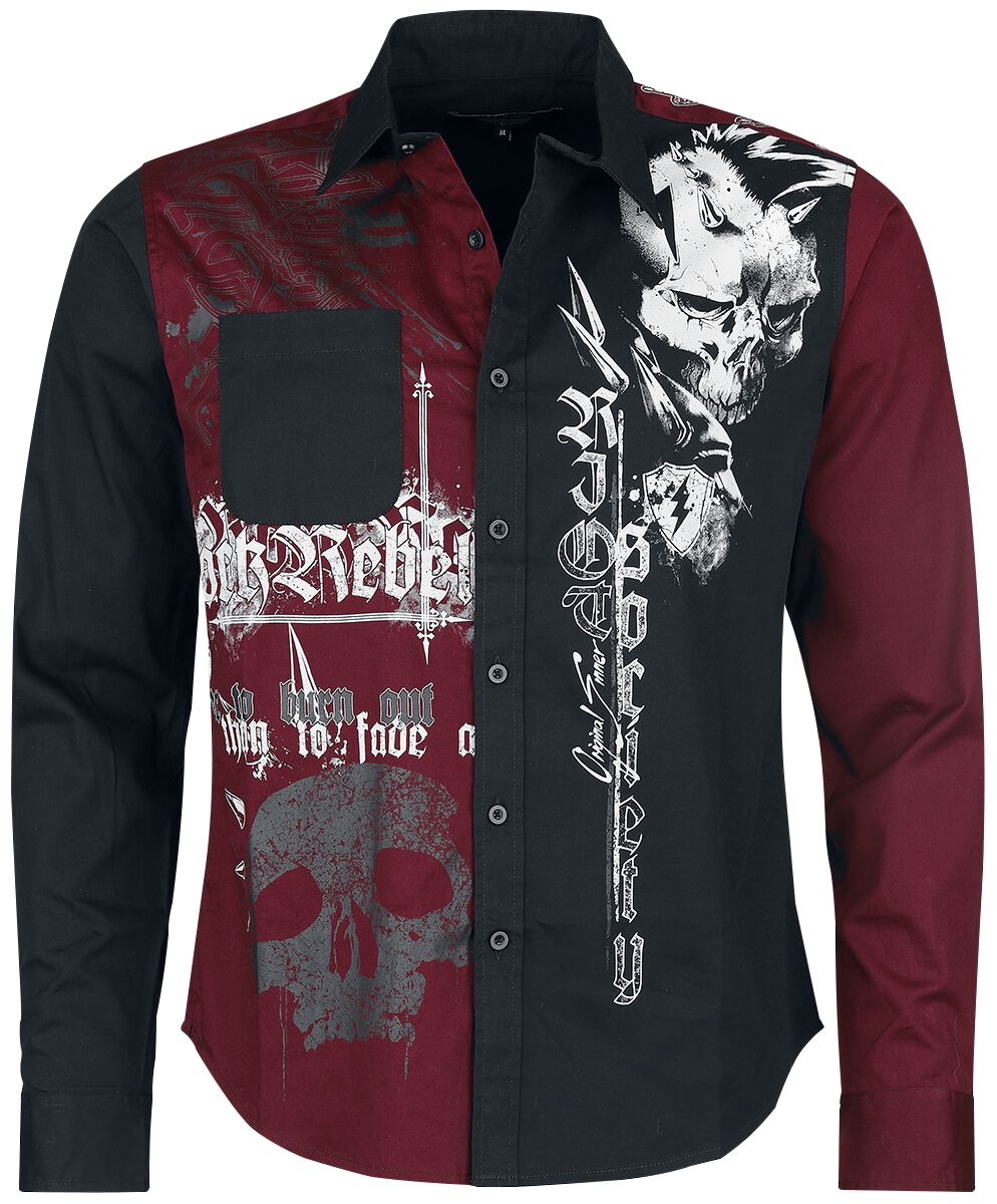 Rock Rebel by EMP - Rock Langarmhemd - Shirt with Rock Rebel Prints - S bis M - für Männer - Größe S - schwarz/bordeaux von Rock Rebel by EMP