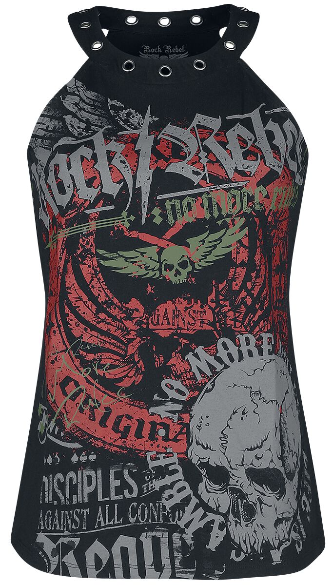 Rock Rebel by EMP - Rock Neckholder - Top mit Print und Ösen Rock Rebel - S bis XXL - für Damen - Größe XXL - schwarz von Rock Rebel by EMP