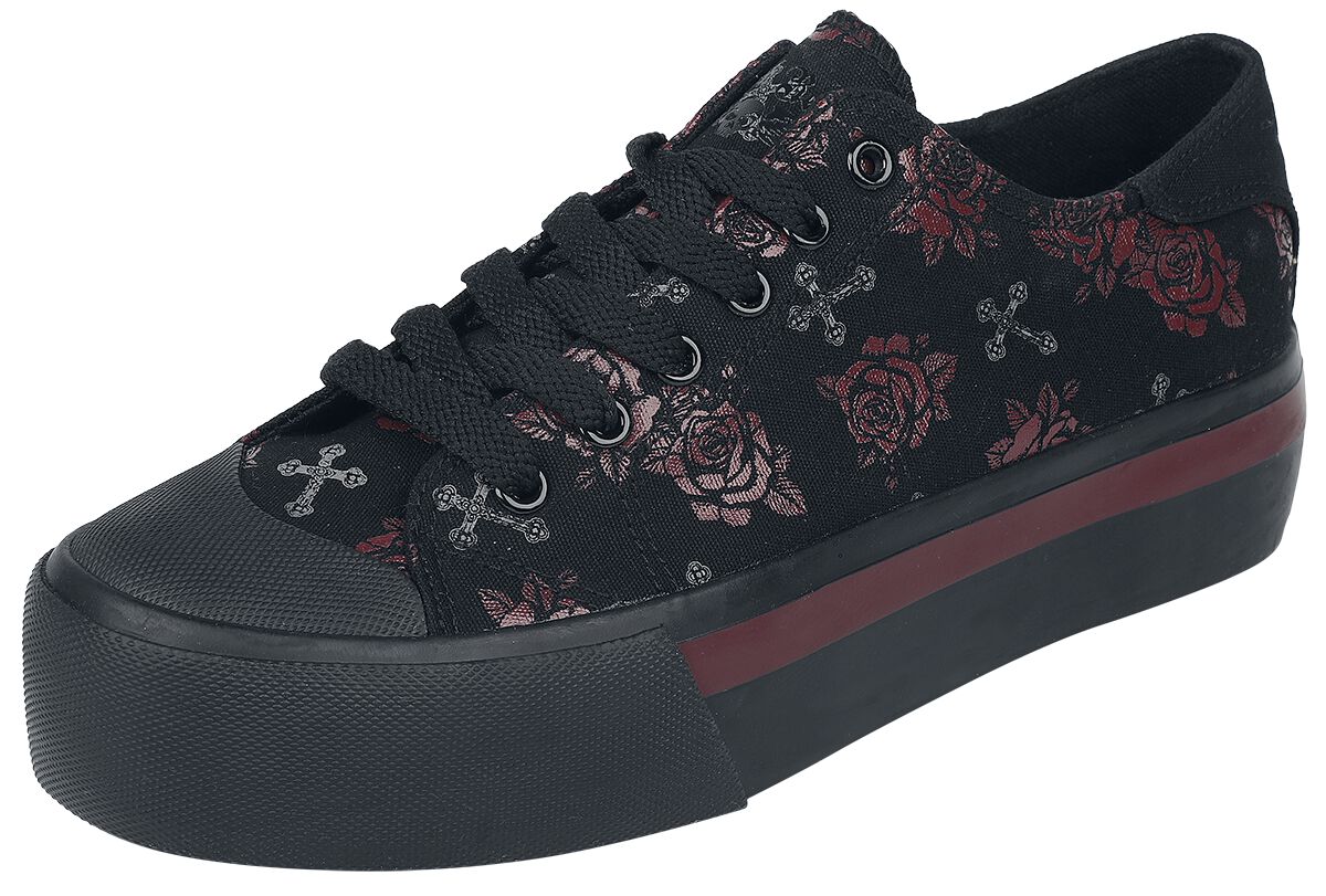 Rock Rebel by EMP - Rock Sneaker - LowCut Plateau Sneaker mit Kreuz und Rosen Print - EU37 bis EU41 - für Damen - Größe EU37 - schwarz von Rock Rebel by EMP