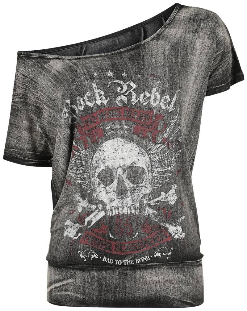 Rock Rebel by EMP - Rock T-Shirt - Dunkelgraues T-Shirt mit weitem Ausschnitt und Print - S bis 5XL - für Damen - Größe S - dunkelgrau von Rock Rebel by EMP