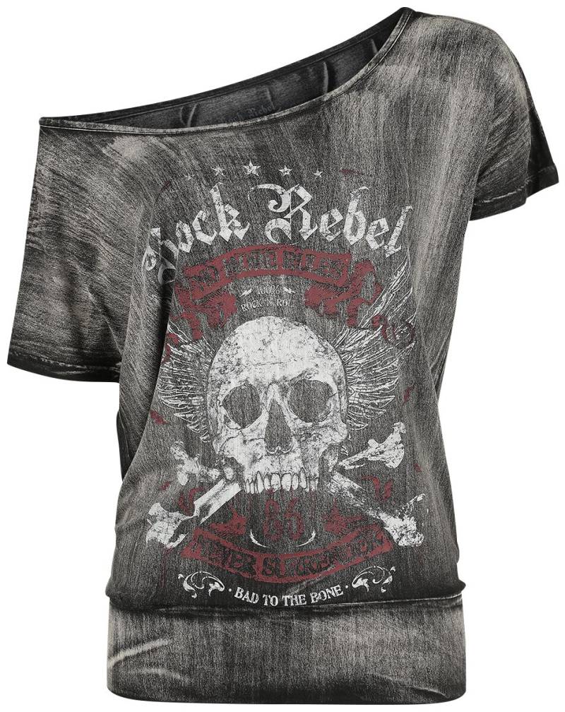 Rock Rebel by EMP - Rock T-Shirt - Dunkelgraues T-Shirt mit weitem Ausschnitt und Print - S bis 4XL - für Damen - Größe L - dunkelgrau von Rock Rebel by EMP