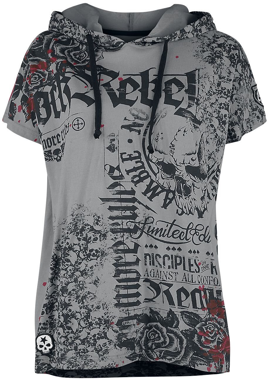 Rock Rebel by EMP - Rock T-Shirt - Lässig geschnittenes T-Shirt mit Prints und Kapuze - XS bis 5XL - für Damen - Größe 3XL - grau von Rock Rebel by EMP