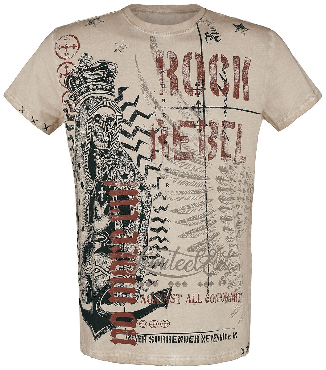 Rock Rebel by EMP - Rock T-Shirt - T-Shirt mit auffälligem Skull Print & Schriftzügen - S bis 5XL - für Männer - Größe S - beige von Rock Rebel by EMP