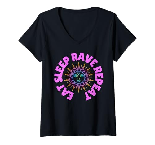 Damen Eat Sleep Rave Repeat Electric Sun Good Vibes Raving T-Shirt mit V-Ausschnitt Damen Eat Sleep Rave Repeat Electric Sun Good Vibes Raving T-Shirt mit V-Ausschnitt von Rock and Rave Tees