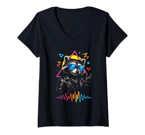 Damen Retro Waschbär Rock Musik Lustiger Nerdy T-Shirt mit V-Ausschnitt Damen Retro Waschbär Rock Musik Lustiger Nerdy T-Shirt mit V-Ausschnitt von Rock-and-roll-vibes Waschbär-unfug Humor Rockmusik