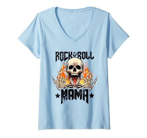 Damen Rock and Roll Mama Mom Vintage Retro Rock&Roll Rock Konzert T-Shirt mit V-Ausschnitt von Rock n Roll Mother On I Love Rock And Roll Mommy