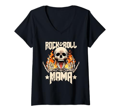 Damen Rock and Roll Mama Mom Vintage Retro Rock&Roll Rock Konzert T-Shirt mit V-Ausschnitt von Rock n Roll Mother On I Love Rock And Roll Mommy