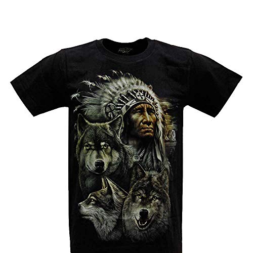 Rock Chang Unisex Damen Herren Shirt aus Baumwolle mit Lichteffektdruck in Dunkel (Native Americans and Wolf GR-661 M) von Rock