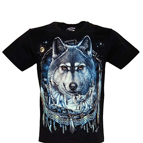 Rock Chang Unisex Damen Herren Shirt aus Baumwolle mit Lichteffektdruck in Dunkel (Wolf and Dreamcatcher GR-535 L) von Rock