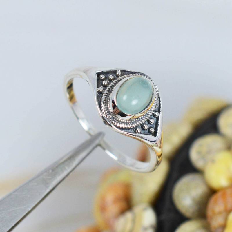 Aqua Chalcedon 925 Sterling Silber Edelstein Ring ~ Eleganter Designer Handgemachter Schmuck Ovale Form von Rock925Jewels