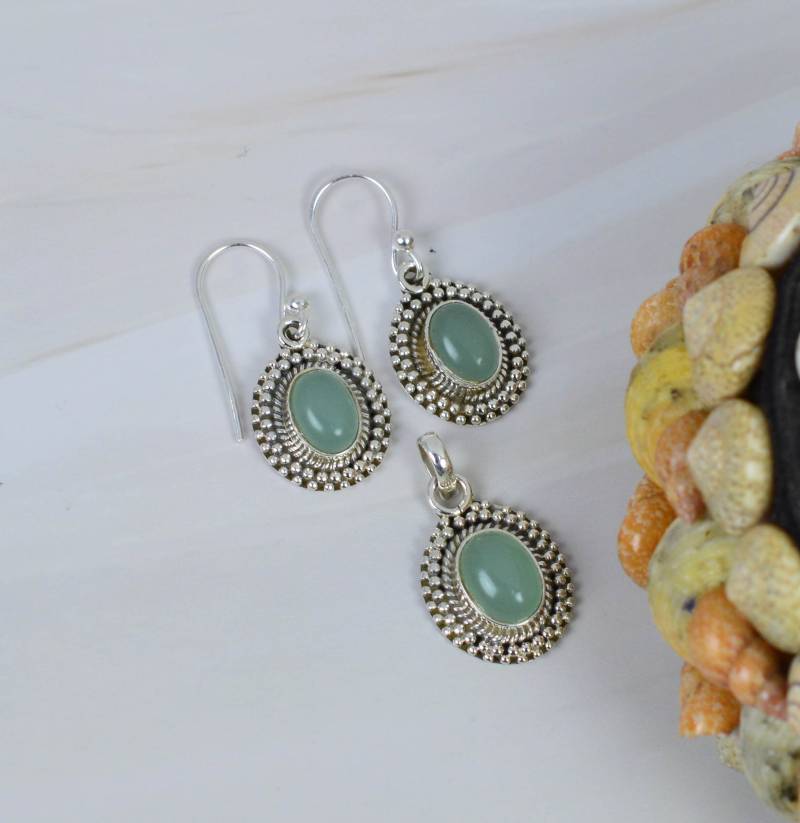 Aqua Chalcedon 925 Sterling Silber Erhältlich Als Nur Anhänger ~ Ohrring Set Schmuck Geschenk Für Jahrestag von Rock925Jewels