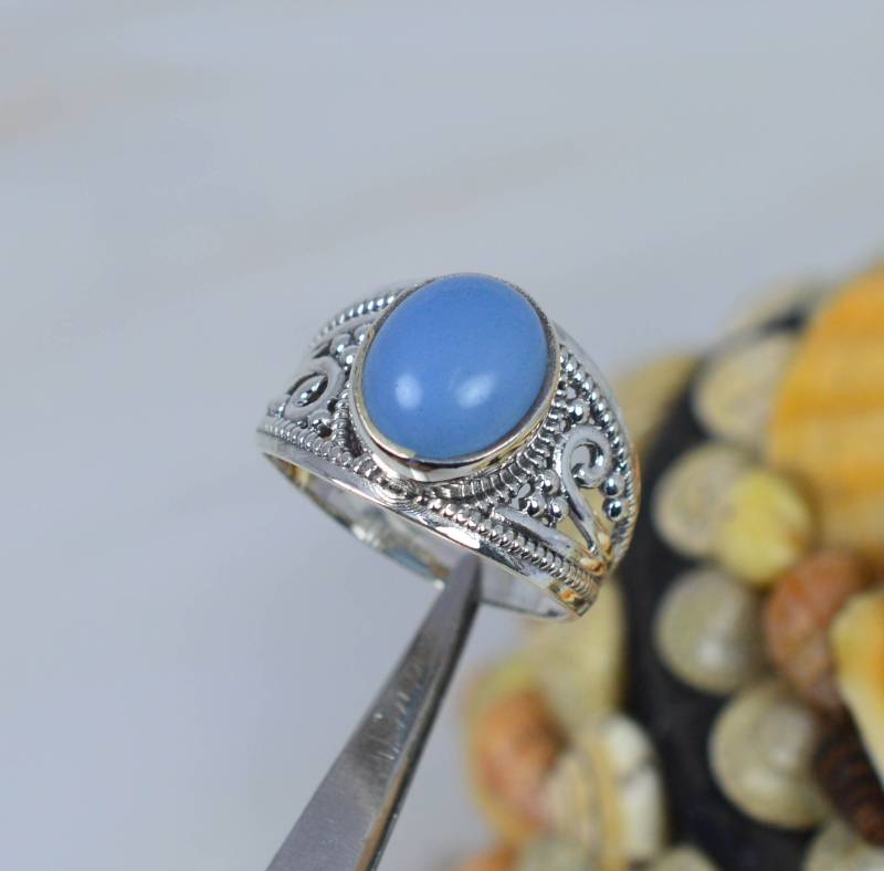 Blauer Chalcedon 925 Sterling Silber Edelstein Ring ~ Designer Handgemachter Schmuck Geschenk Für Weihnachten von Rock925Jewels