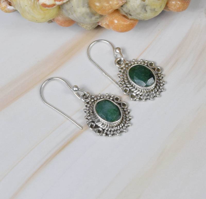 Cut Grün Smaragd 925 Sterling Silber Edelstein Haken Ohrring ~ Handgemachter Schmuck Designer Oval Geschenk Für Jahrestag von Rock925Jewels