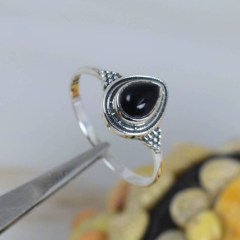 Schwarzer Onyx 925 Sterling Silber Edelstein Designer Ring ~ Handgemachter Schmuck Birnenform November Monat Geburtsstein Geschenk Für Jahrestag von Rock925Jewels