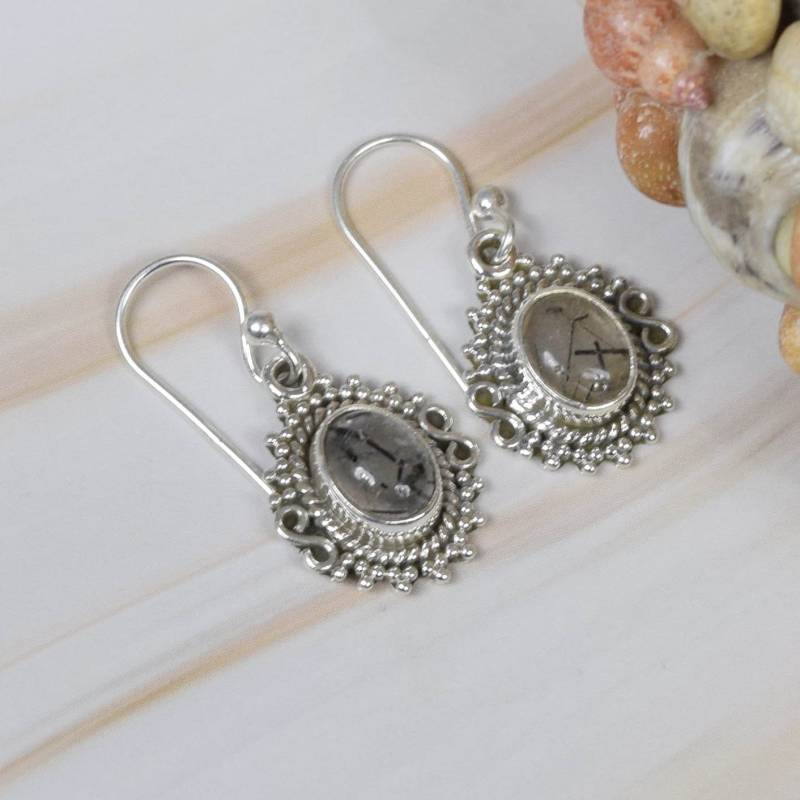 Schwarzer Rutilquarz 925 Sterlingsilber-Edelstein-Ohrring ~ Designer Ohrring Ovaler Handgemachter Schmuck Geschenk Für Jahrestag von Rock925Jewels