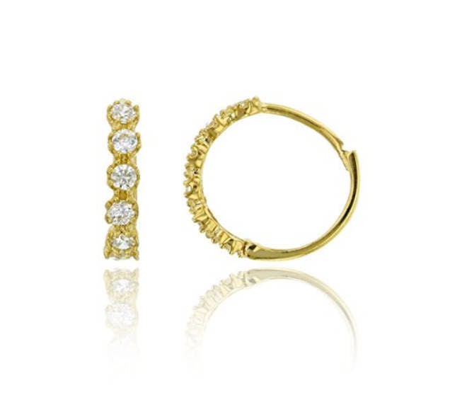 14K Pure Solid Gelb/Weißgold Runde Huggie Ohrringe Set Mit 6 Zirkonia Auf Jedem | Erhältlich in Mehreren Größen #s95650 von RockAStud