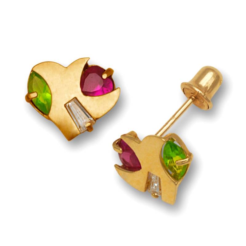 14K Pure Solid Gelb Gold/Weiß Herz Form Screw Zurück Ohrstecker Set Mit Peridot Und Rubin Cz 7mm Mädchen Ohrringe Kostenloser Versand von RockAStud