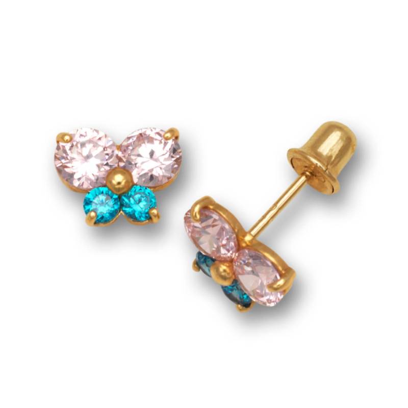 14K Pure Solid Gelb Gold/Weißgold Schmetterling Form Screw Zurück Ohrstecker Set Mit Rosa Und Blau Cz 6mm Kinder Ohrringe Kostenloser Versand von RockAStud