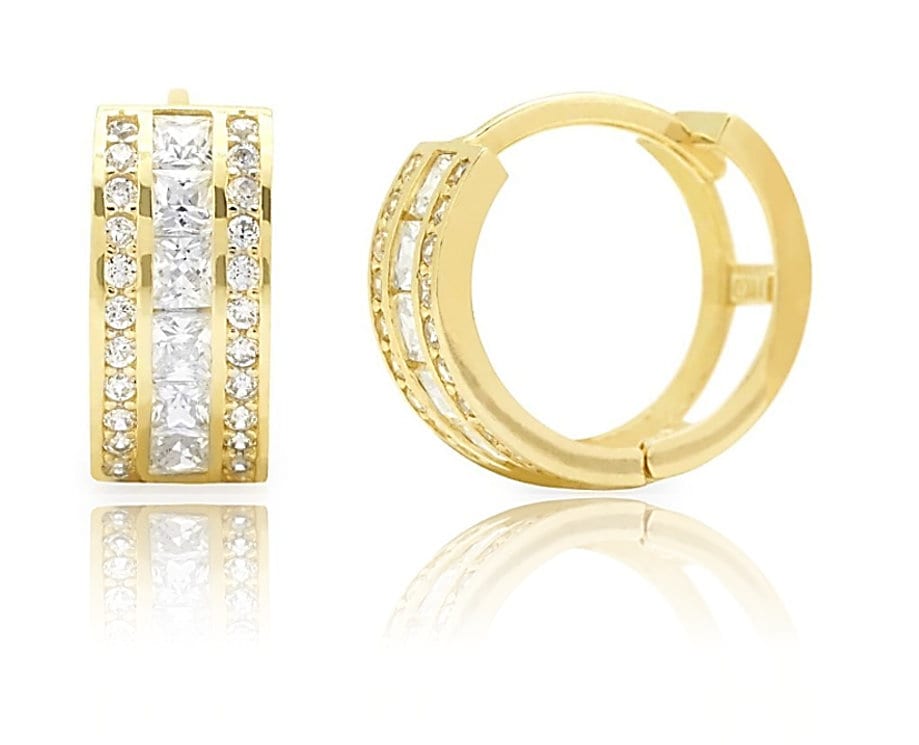 14K Pure Solid Gold Dreireihig Phantasie Huggie Ohrringe | Runde Und Princess Cut 3 Reihige Creolen 5 X 12mm Kostenloser Versand von RockAStud