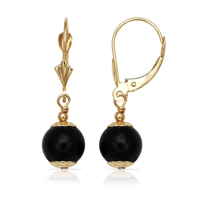 14K Solid Gelb Gold Echte Schwarze Onyx Kugel Leverback Ohrringe. 6 Mm Brisur Baumeln Ohrringe von RockAStud