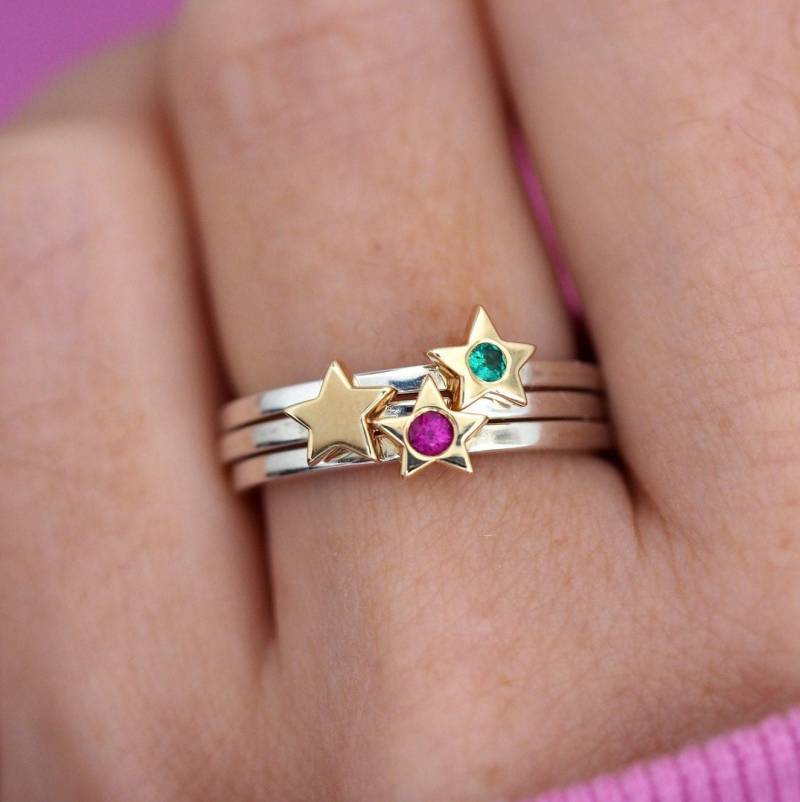 Eco Sterling Silber Stern Ring 9 Karat Gold Stern, Edelstein Akzent von RockCakes