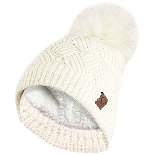 Damen Warm Chunky Diamond Cable Strickmütze mit Thermo Teddy Fleece Futter und Abnehmbarem Kunstpelz Pompom-Cream von ROCKJOCK