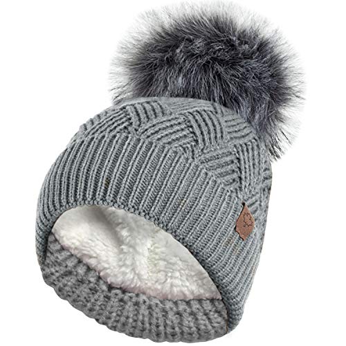 Damen Warm Chunky Diamond Cable Strickmütze mit Thermo Teddy Fleece Futter und Abnehmbarem Kunstpelz Pompom-Grey von ROCKJOCK