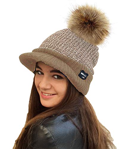 RockJock Damen warme Fleece gefüttert gestrickte Schirmmütze Baseballmütze mit abnehmbarem Kunstpelz pom mit oder ohne POM- tragen von RockJock