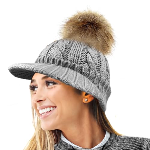 RockJock Damen warme Fleece gefüttert gestrickte Schirmmütze Baseballmütze mit abnehmbarem Kunstpelz pom mit oder ohne POM- tragen von RockJock