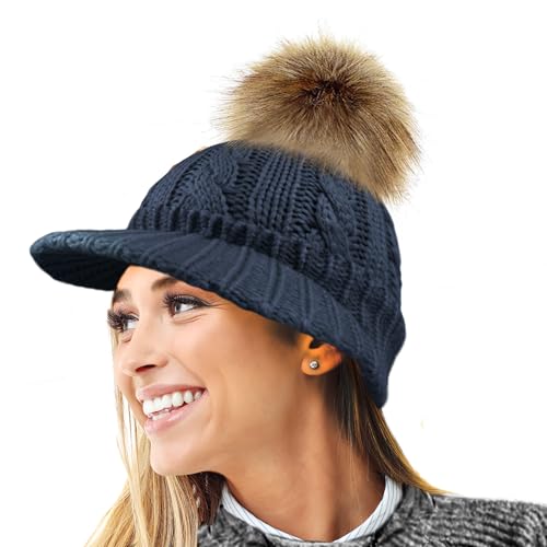 RockJock Damen warme Fleece gefüttert gestrickte Schirmmütze Baseballmütze mit abnehmbarem Kunstpelz pom mit oder ohne POM- tragen von RockJock