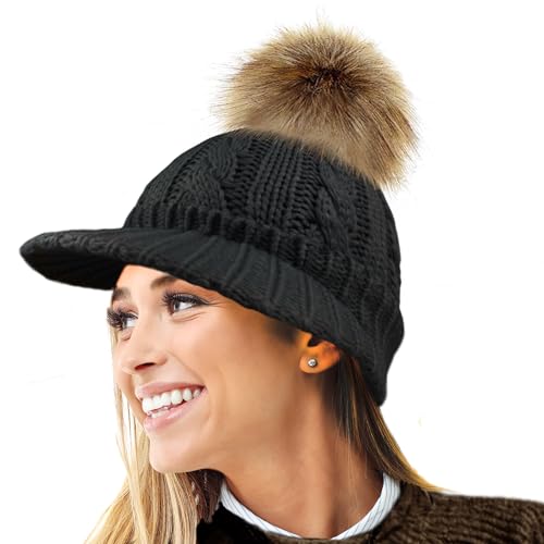 RockJock Damen warme Fleece gefüttert gestrickte Schirmmütze Baseballmütze mit abnehmbarem Kunstpelz pom mit oder ohne POM- tragen von RockJock