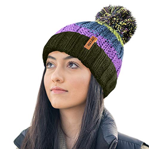 RockJock R80 Unisex Herren Damen Thermoisolierende gestreifte Beanie-Bommelmütze mit kuscheligem Fleecefutter, Violett/Grün, Einheitsgröße von RockJock