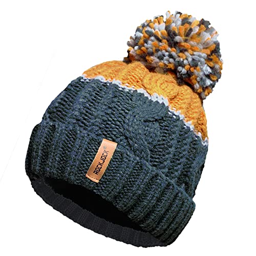 Unisex Herren Damen Warm Winter Chunky Color Block Ski Bommel Bommelmütze mit Kuscheligem Thermo Teddy Fleece Liner von RockJock