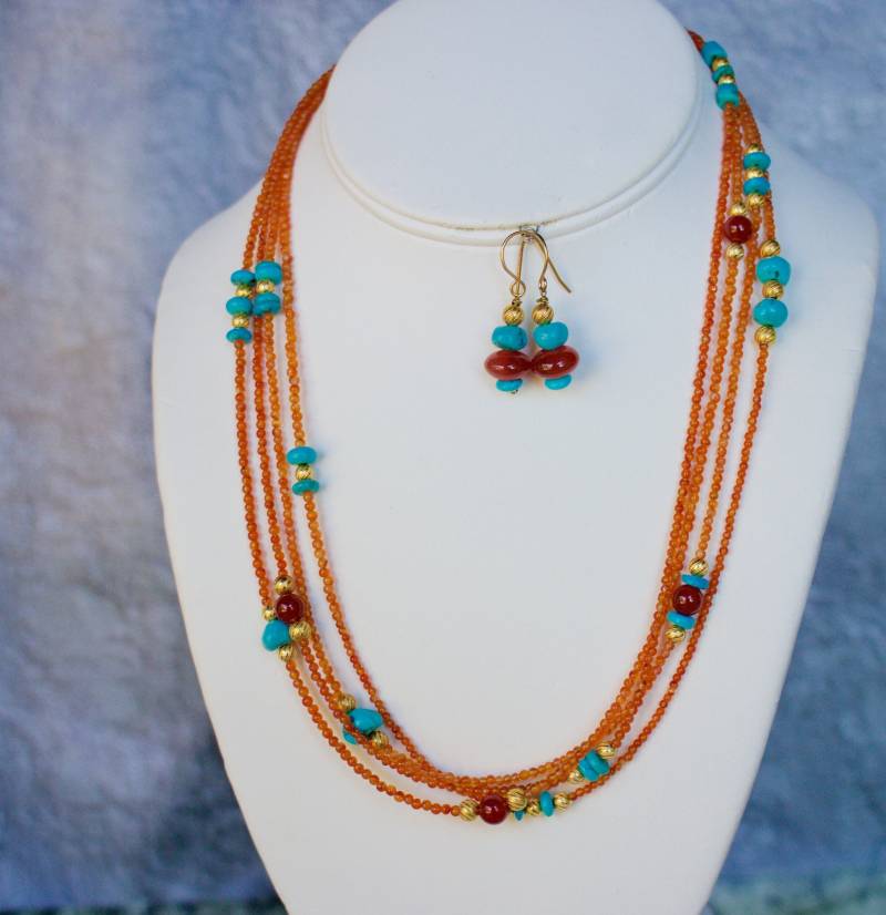 Wunderschöne Handgemachte 4 Stränge Aus Echtem Karneol Und Türkis Mit Gold Verblassten Silber Perlen Halskette Passenden Ohrringen von RockRichGems