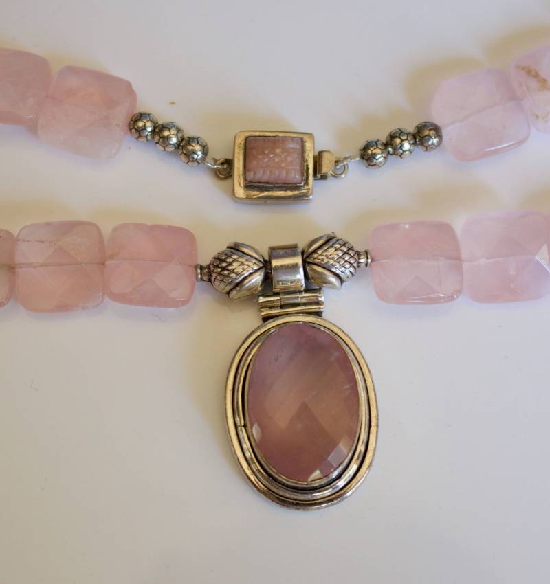 strang Großer Rosenquarz-Nuggets Mit Rosenquarz-Anhänger Und Verschluss An Einer 925Er Silberkette Passenden Ohrringen von RockRichGems