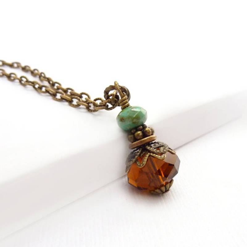 Amber Brown Anhänger Halskette - Facettiertem Kristall Türkis Picasso Glas Antik Bronze Kette Vintage Inspiriert Amber Brown Anhänger Halskette - Facettiertem Kristall Türkis Picasso Glas Antik Bronze Kette Vintage Inspiriert von RockStoneTreasures