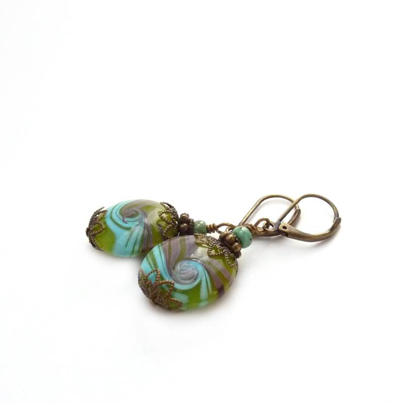 Blaue Lampwork Ohrringe - Grün, Lila Runde Bunte Boho Glasohrringe Blaue Lampwork Ohrringe - Grün, Lila Runde Bunte Boho Glasohrringe von RockStoneTreasures