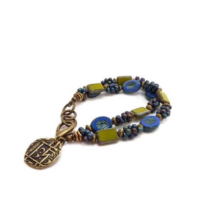 Boho Multistrand Charm Armband - Kobalt Blau & Grün Picasso Rechteck Glasperlen Alte Münze Anhänger Schichtung Stapeln Boho Multistrand Charm Armband - Kobalt Blau & Grün Picasso Rechteck Glasperlen Alte Münze Anhänger Schichtung Stapeln von RockStoneTreasures