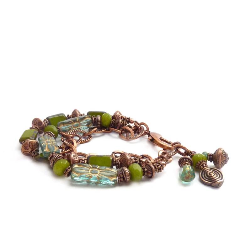 Kupfer Multi-strand Grün Jade & Aqua Armband - Boho Kette Picasso Glas Edelstein Kupfer Multi-strand Grün Jade & Aqua Armband - Boho Kette Picasso Glas Edelstein von RockStoneTreasures