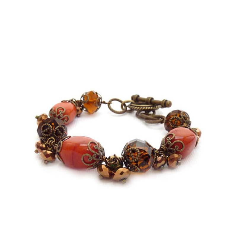 Orange-Braunen Edelstein Armband - Wirewrapped Bronze Glas Perlen Jaspis-steine Toggleverschluss von RockStoneTreasures