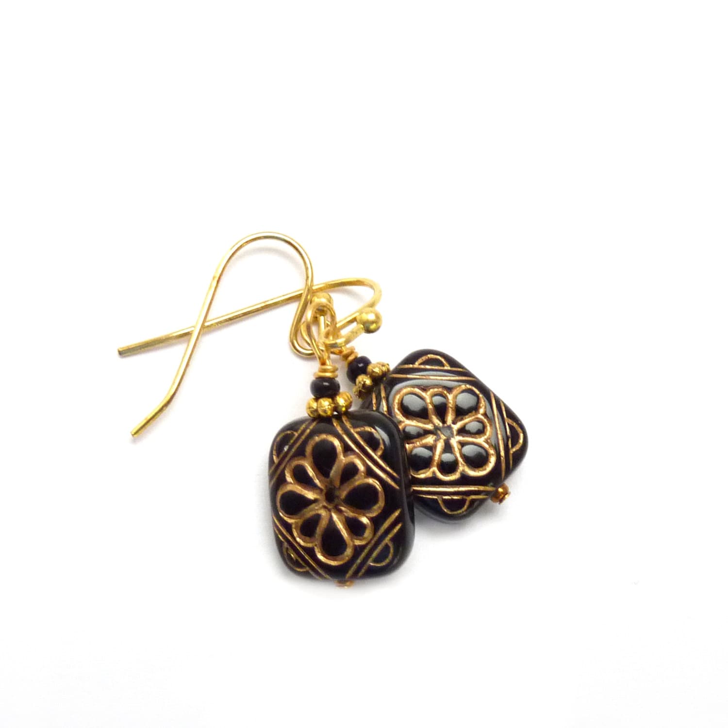 Schwarz & Gold Ohrringe - Acryl Geätzte Quadrat Perlen Vintage Inspirierte Zierliche Yoga Schmuck Schwarz & Gold Ohrringe - Acryl Geätzte Quadrat Perlen Vintage Inspirierte Zierliche Yoga Schmuck von RockStoneTreasures