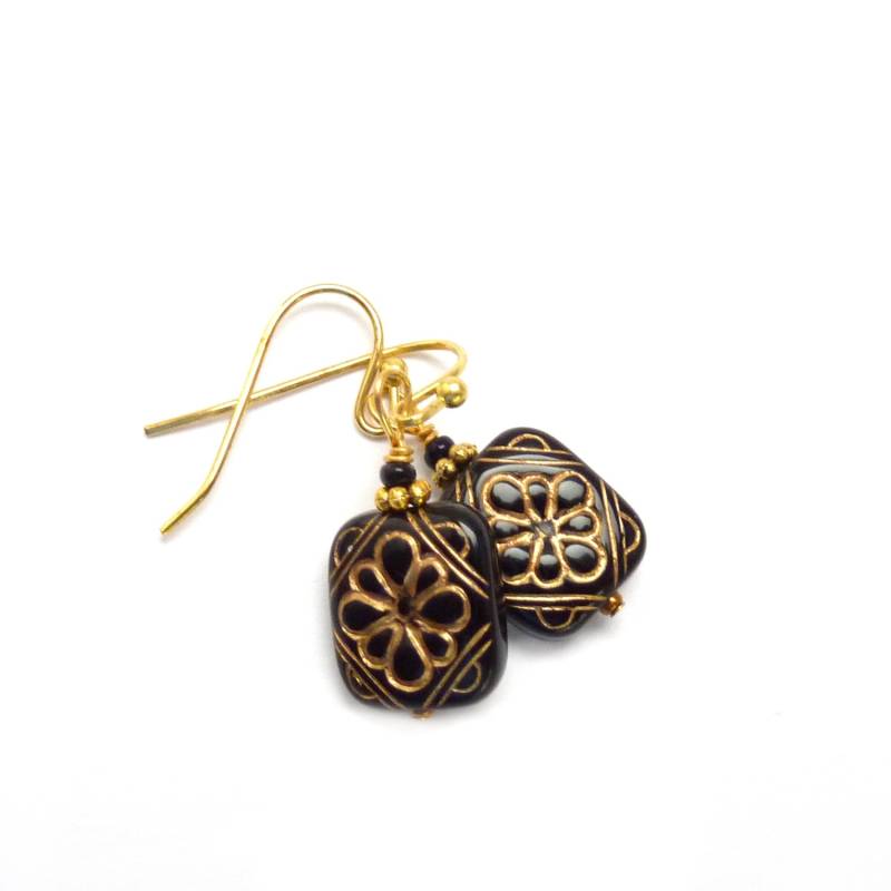 Schwarz & Gold Ohrringe - Acryl Geätzte Quadrat Perlen Vintage Inspirierte Zierliche Yoga Schmuck Schwarz & Gold Ohrringe - Acryl Geätzte Quadrat Perlen Vintage Inspirierte Zierliche Yoga Schmuck von RockStoneTreasures