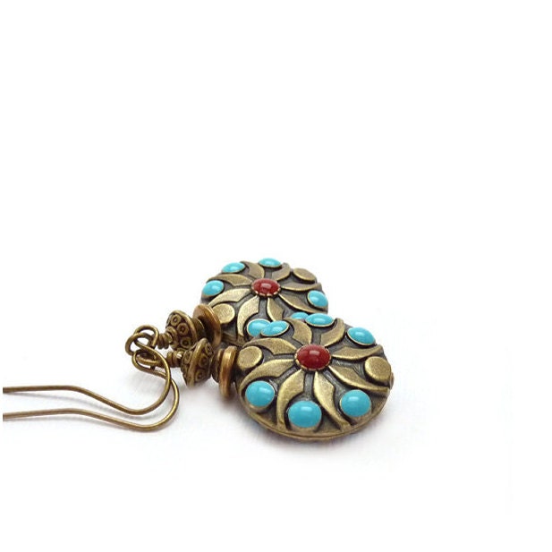 Südwestliche Boho Ohrringe - Türkis Baumseider Bronze Und Koralle Hippie Schmuck Südwestliche Boho Ohrringe - Türkis Baumseider Bronze Und Koralle Hippie Schmuck von RockStoneTreasures