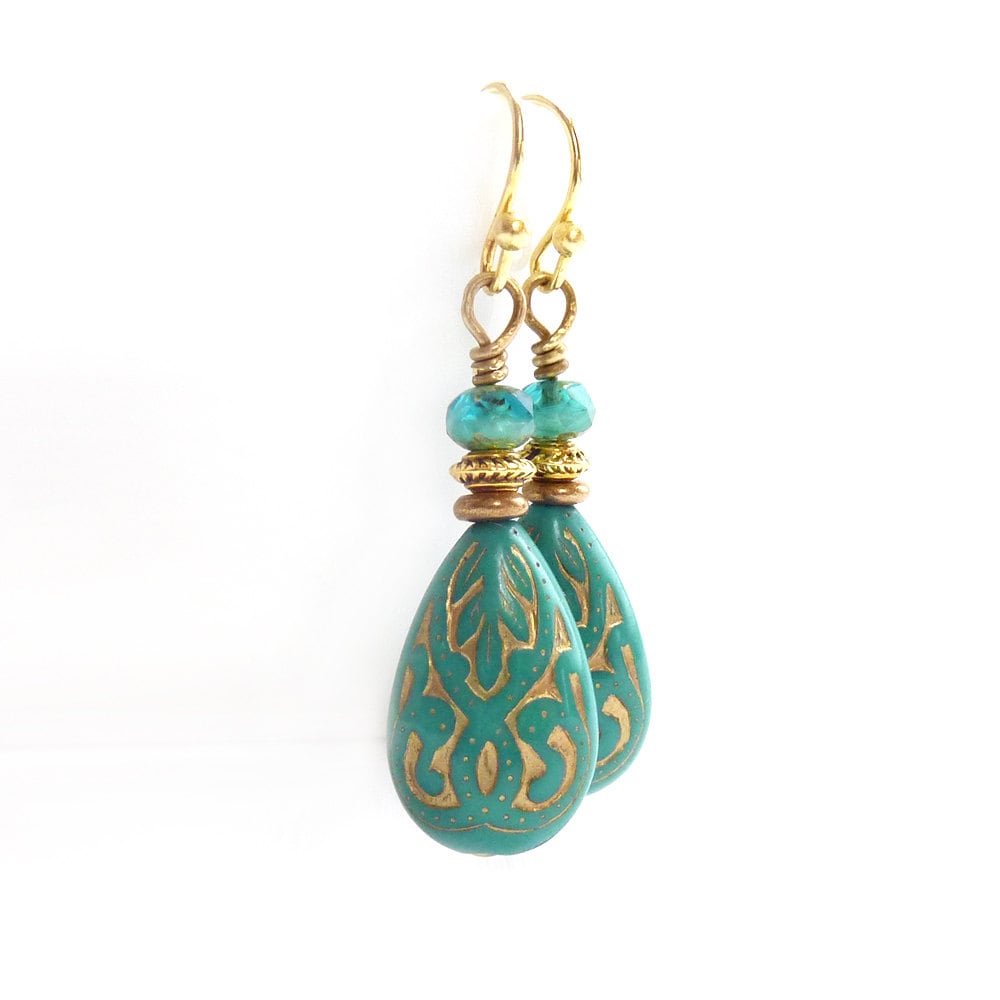 Türkis Teardropohrringe - Acryl-Perlen Mit Gold-Inlay Aqua Glasschliffperlen Ohrringe Im Vintage Stil Türkis Teardropohrringe - Acryl-Perlen Mit Gold-Inlay Aqua Glasschliffperlen Ohrringe Im Vintage Stil von RockStoneTreasures